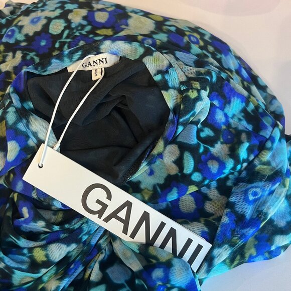 GANNI Floral Mesh Ruched Midi Dress in Azure Blue Sheer Size 4 - Picture 6 of 7